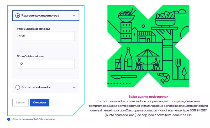 exemplo de simulação do quanto uma empresa poupa com o cartão refeição 